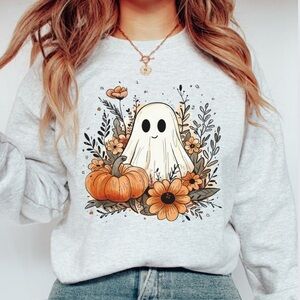 NEW Fall Ghost Pumpkins Graphic Crew Neck Long Sleeve Sweatshirt